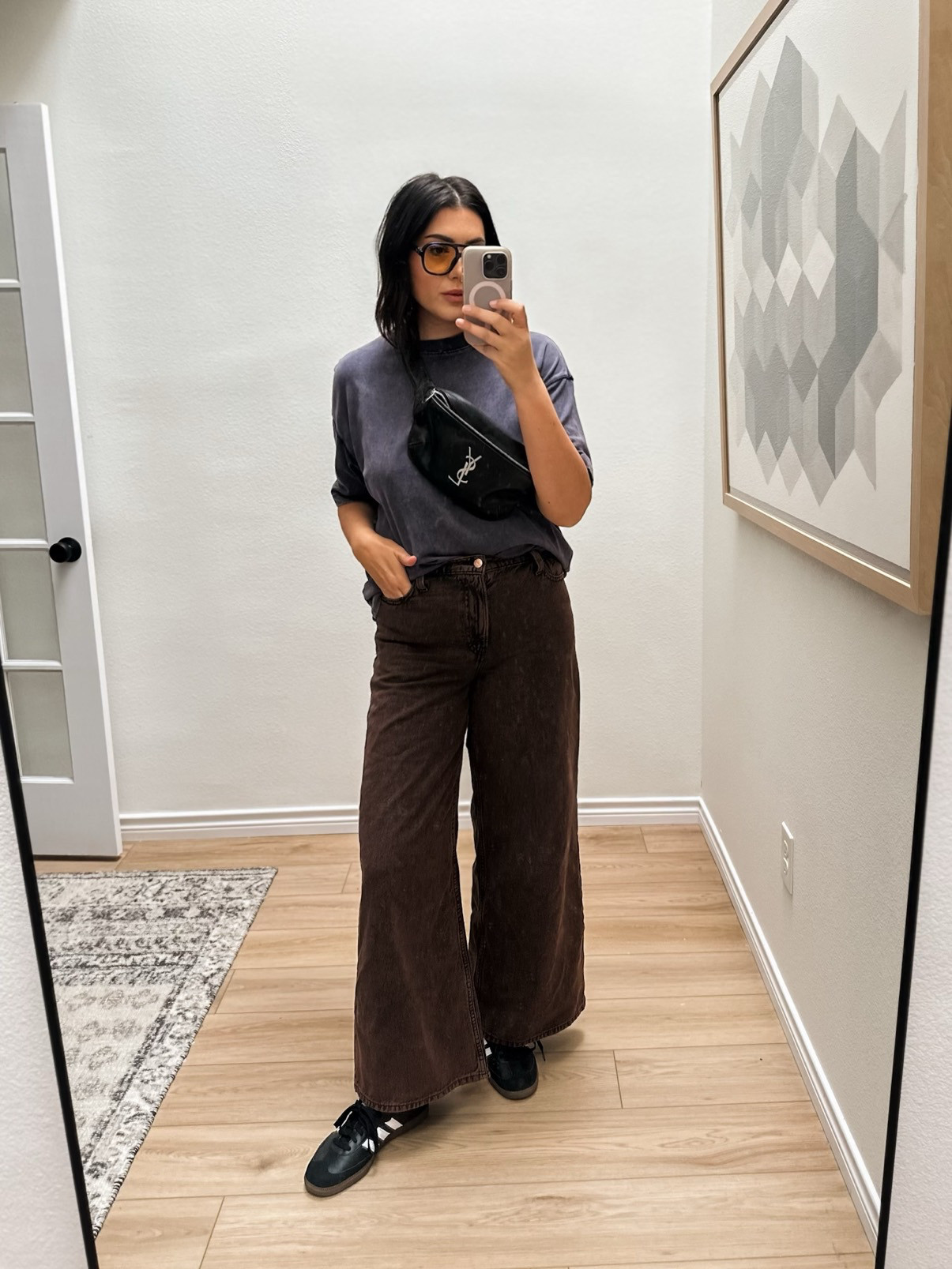 Love these wide leg jeans from Gap! I'm in the 29, fit is TTS and they stretch with wear. 

I'm int he medium of the tee, the blue is sold out but other colors are available. 

I've linked a similar blouse! 

 