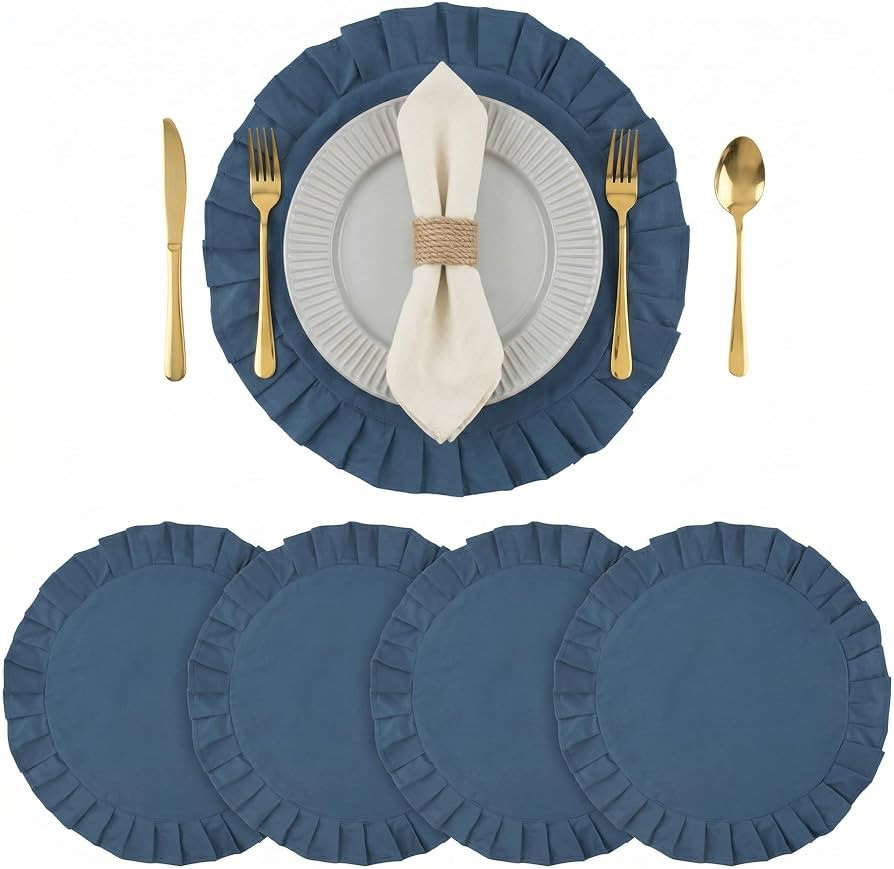 4 Pcs Thick Cotton Ruffled Round Placemats \u2013 14.5 Inch Washable Scalloped Edge Table Mats fo... | Amazon (US)
