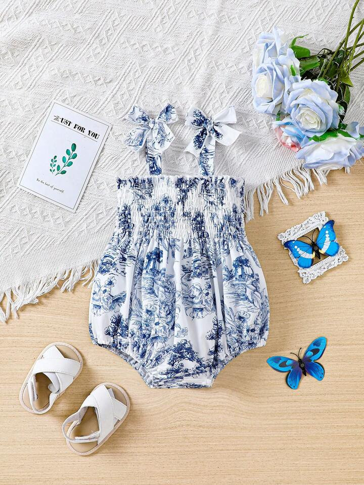 Baby Girl Flower Print Bodysuit With Ruffle Straps And Bowknot Detail For Summer | SHEIN