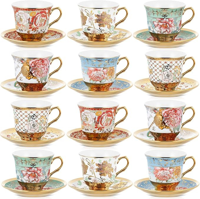Set of 12 Tea Cups and Saucers Tea Party Decorations Floral Porcelain 5.4 oz British Gift for Wom... | Amazon (US)