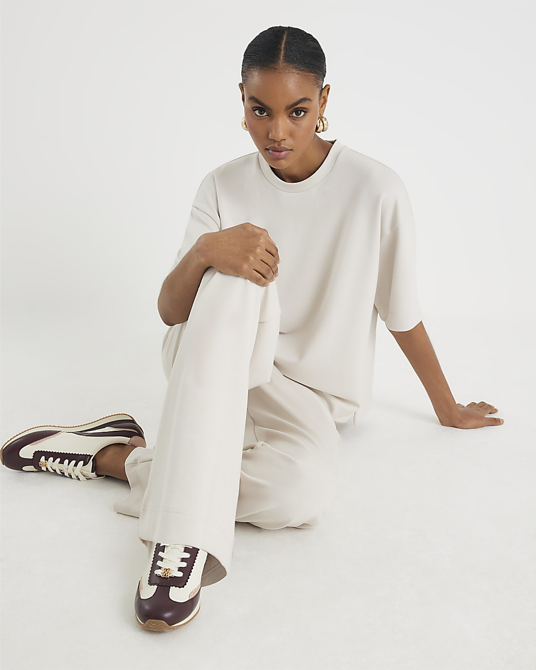 Cream Premium High Waisted Wide Leg Joggers | River Island UK & IE