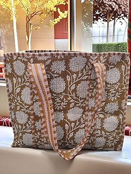Cotton Floral Block Print Tote Bag Handmade Indian Shoulder Bag, Qiulted Market Shopping Bag | Amazon (US)