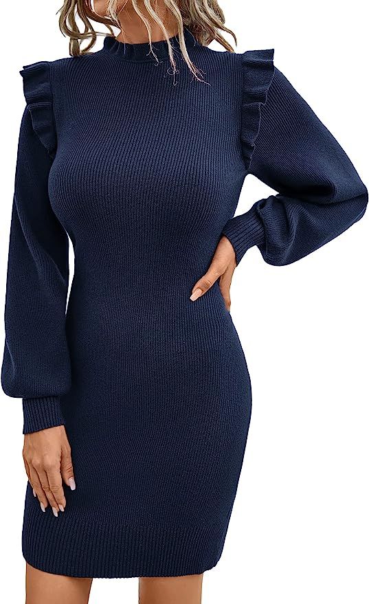Blooming Jelly Women's Mini Sweater Dress Mock Neck Ruffle Long Puff Sleeve Ribbed Casual Bodycon... | Amazon (US)