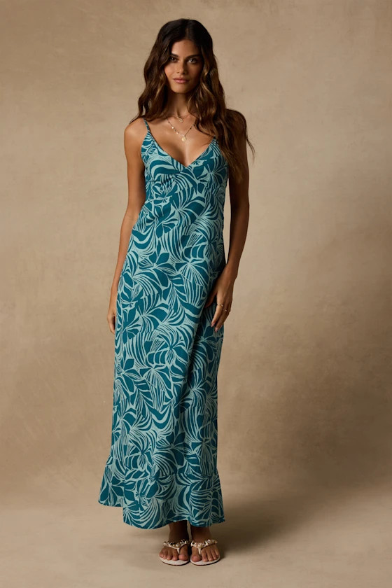 Lost Paradise Teal Leaf Print Maxi Dress | Green Vacation Dress | Lulus