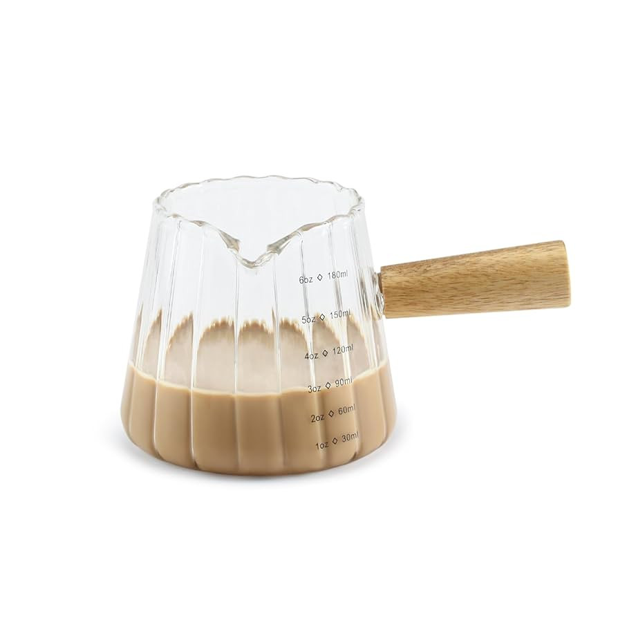 Glass Measuring Cup, 6oz Creamer Pitcher with Wood Handle, Creative Milk Frothing Pitcher Creamer... | Amazon (US)