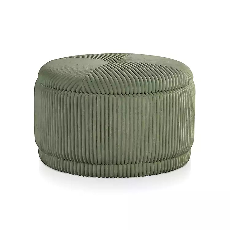 Green Corduroy Round Tufted Storage Ottoman | Kirklands