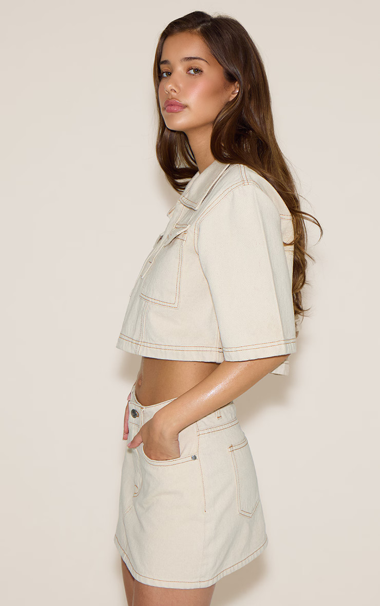 Ecru Contrast Stitch Denim Mini Skirt | PrettyLittleThing US
