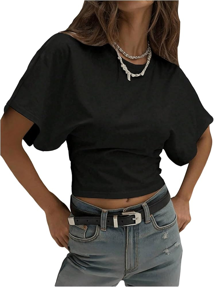 GORGLITTER Women's Dolman Sleeve Ruched Crop Top Shirt Cinched Waist Short Sleeve Crewneck Going ... | Amazon (US)