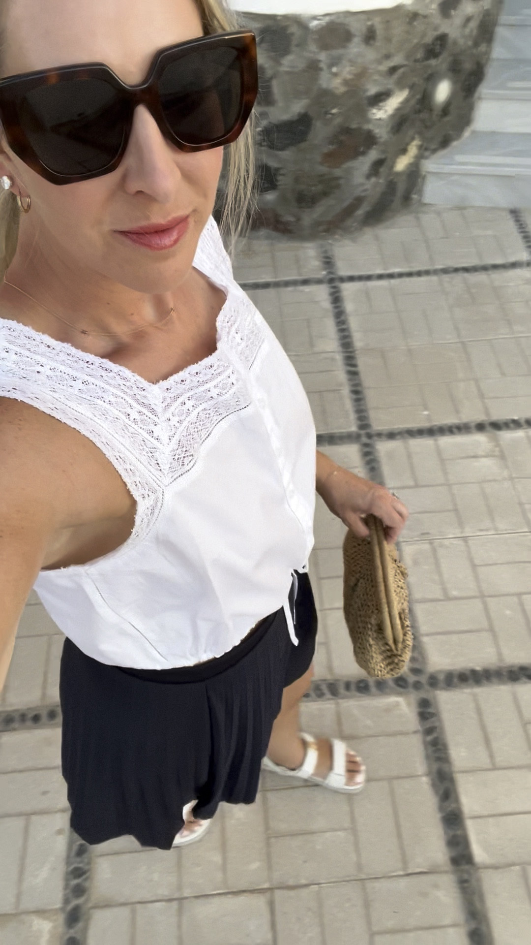 Summer Outfit

White top - JCrew wearing size M (true size) light weight and love the lace detail. Ties at bottom a bit cropped. 

Pleated tennis skirt from H&M - sized up to a large. Navy blue, super light and Packable. 

Rattan purse from Amazon

Steve Madden Sandals

Nashville outfit
Skirt
Lace top
Europe travel
Greece travel


#LTKTravel #LTKOver40 #LTKFindsUnder100