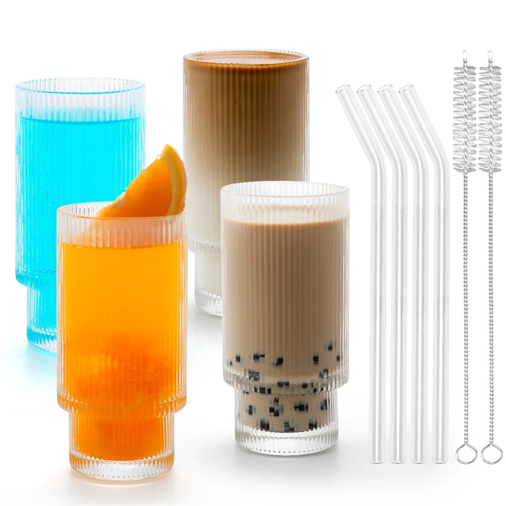 Glass Cups Set of 4 Vintage Origami Style Glassware Clear Tall Drinking Glasses with Glass Straw ... | Walmart (US)