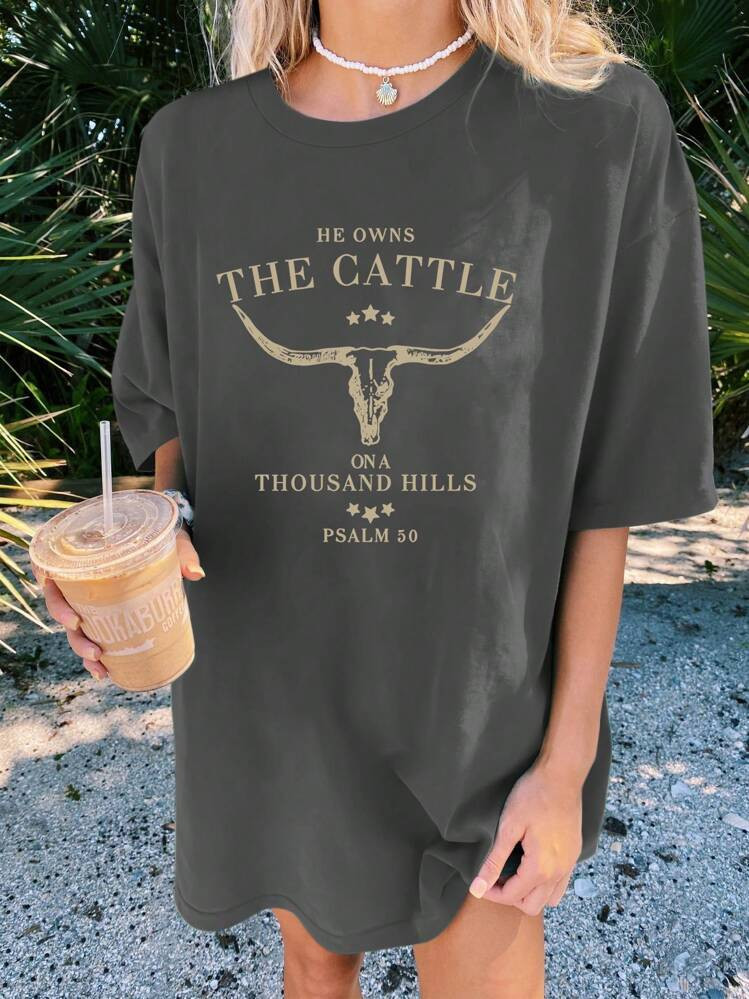 INAWLY Western Faith Letter Print Round Neck Short Sleeve Casual T-Shirt HE OWNS THE CATTLE ON A ... | SHEIN