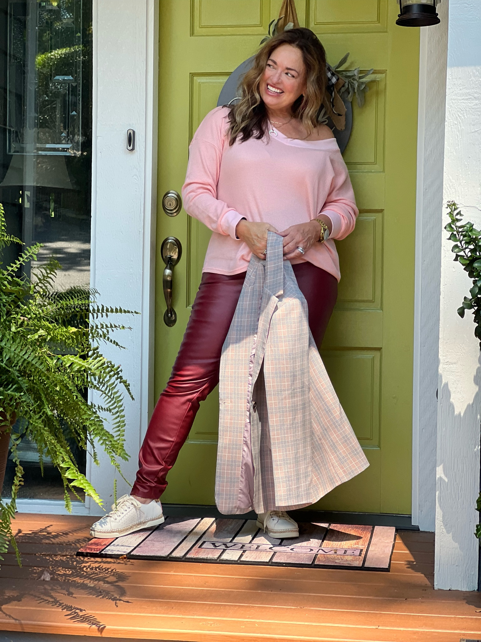 Styling a Fabulous pink off the shoulder waffle knit tunic with cranberry faux leather and elevated sneakers ( not my usual go to for sure but I like it)
I added this @silkandsalt plaid blazer with a hint of pink to finish it off.

#LTKSeasonal #LTKstyletip #LTKunder50