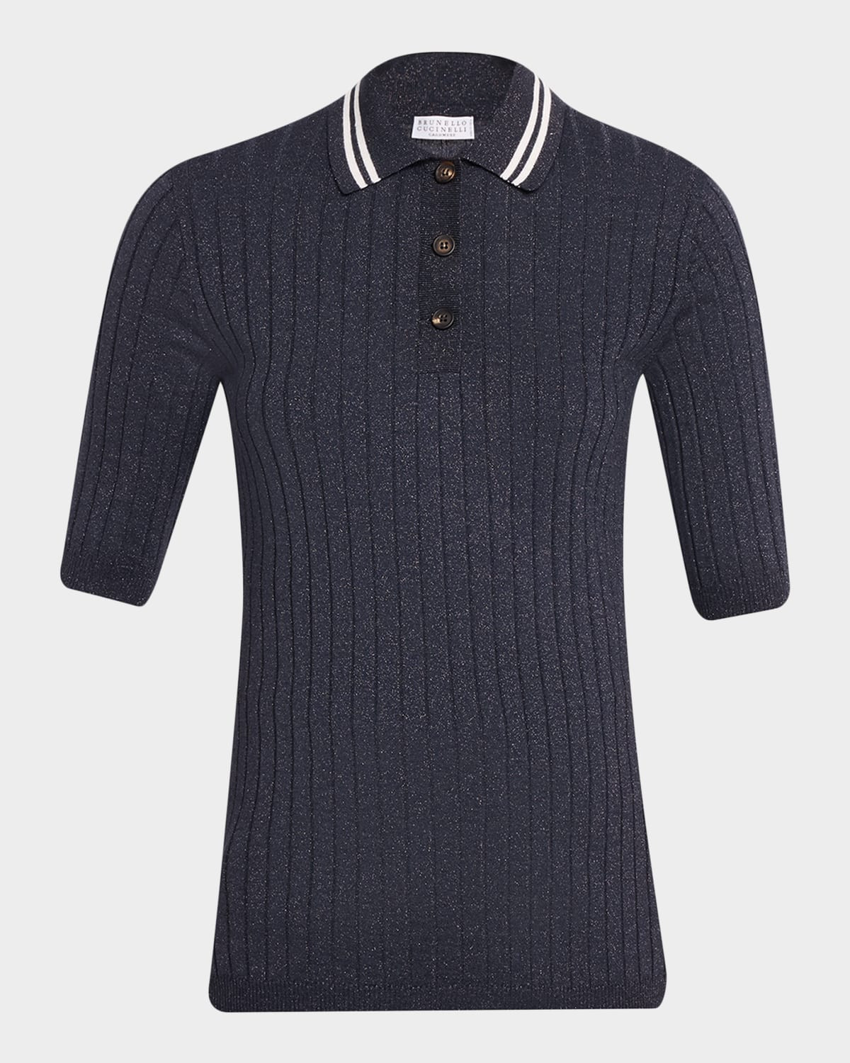 Shimmering Cashmere Rib Short-Sleeve Polo Sweater | Neiman Marcus