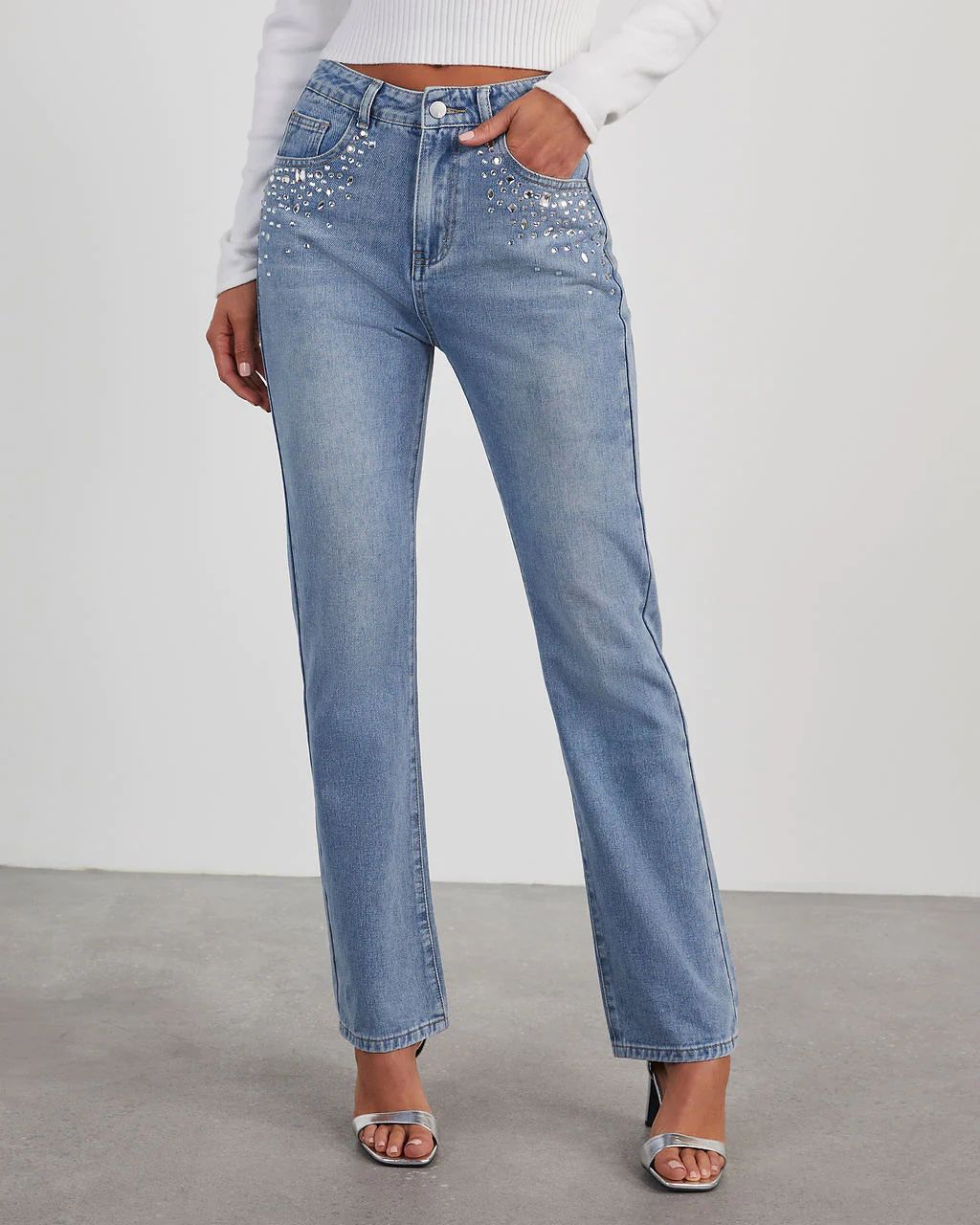 Kayley Rhinestone Straight Leg Jeans | VICI Collection