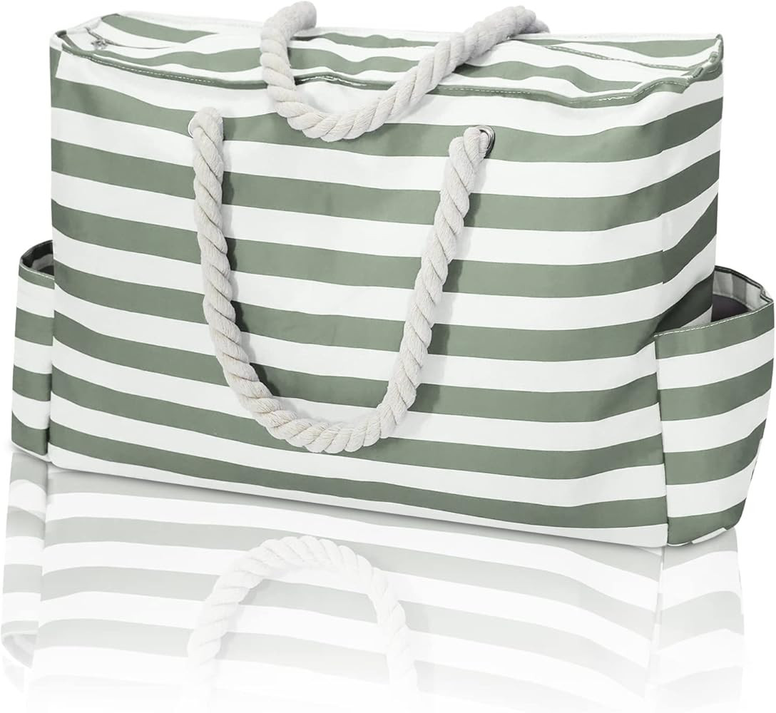 Large Waterproof Beach Tote Bags for Women, Featuring Top Zipper, Sandproof Shoulder Bags for Bea... | Amazon (US)