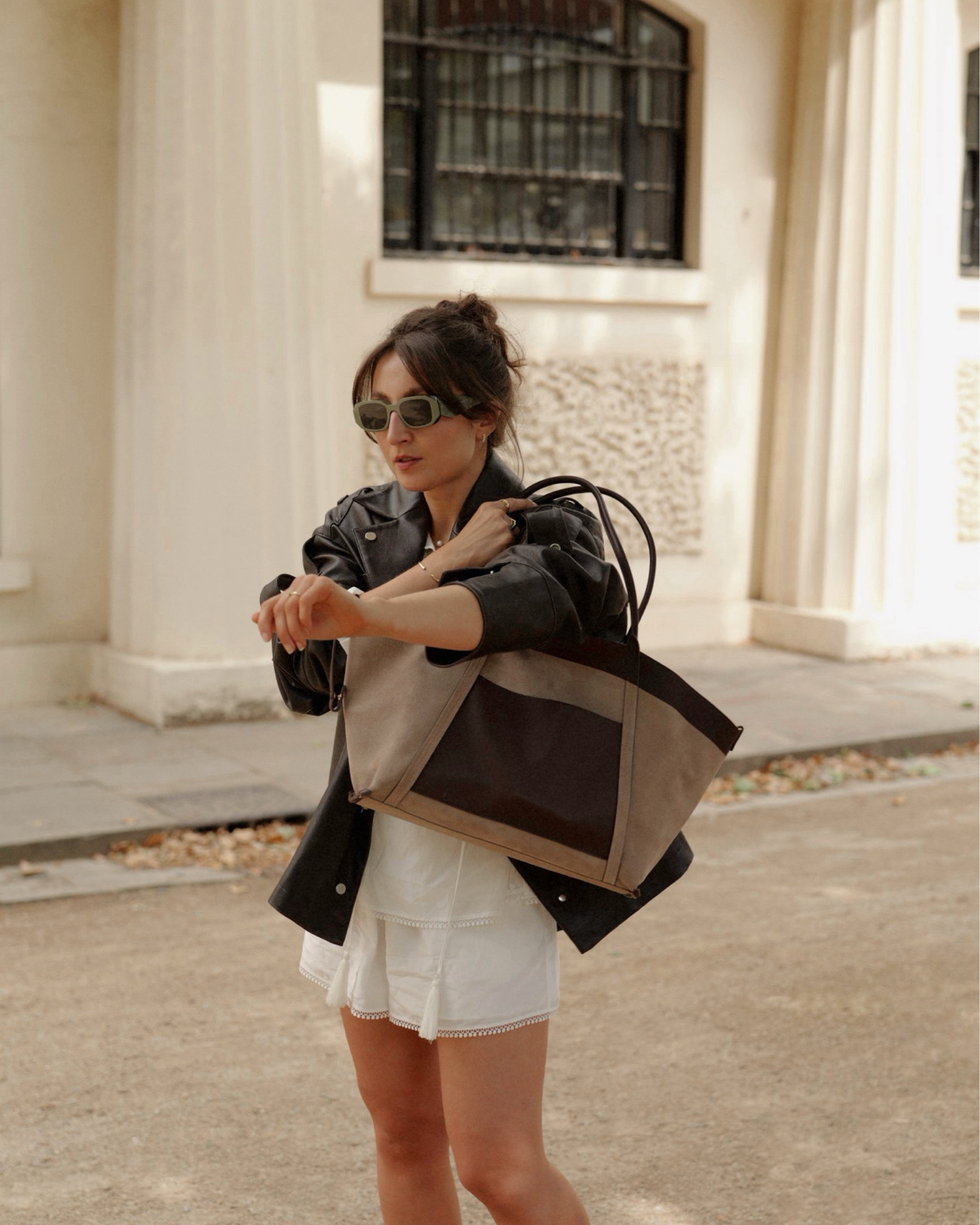 The large t summer co-ord. oversized vintage leather jacket. Large leather and suede tote bag. Prada sunglasses. 

#LTKstyletip #LTKfindsunder50 #LTKU