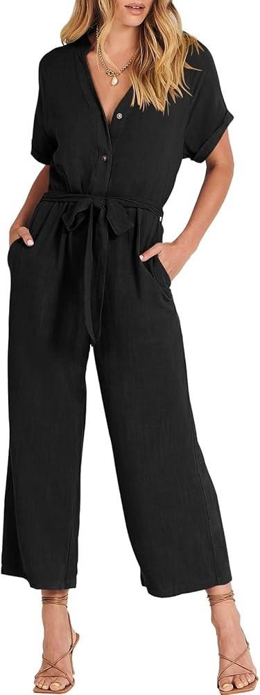 ANRABESS Women's Short Sleeve V Neck Buttons Waist Belt Straight Wide Leg Cropped Jumpsuits Rompe... | Amazon (US)