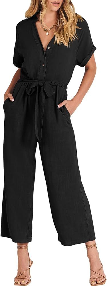 ANRABESS Women's Short Sleeve V Neck Buttons Waist Belt Straight Wide Leg Cropped Jumpsuits Rompe... | Amazon (US)