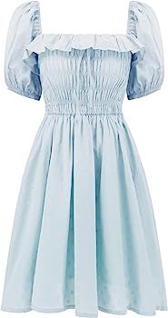 R.Vivimos Women's Summer Linen Short Sleeve Ruffled Floral Print Swing Dress | Amazon (US)