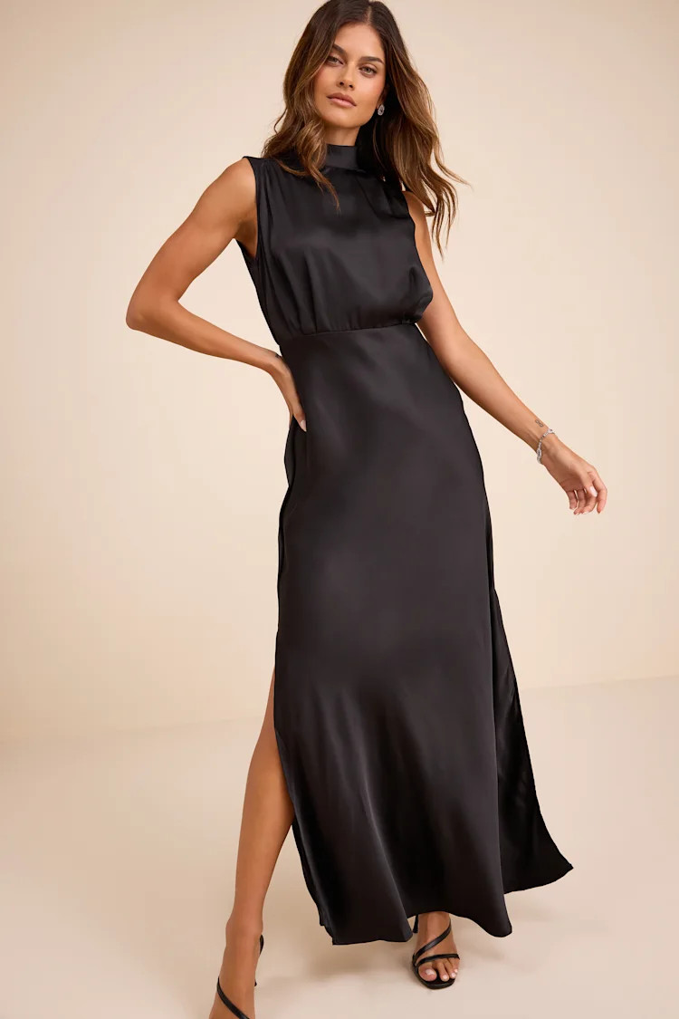 Classic Elegance Black Satin Sleeveless Mock Neck Maxi Dress | Lulus