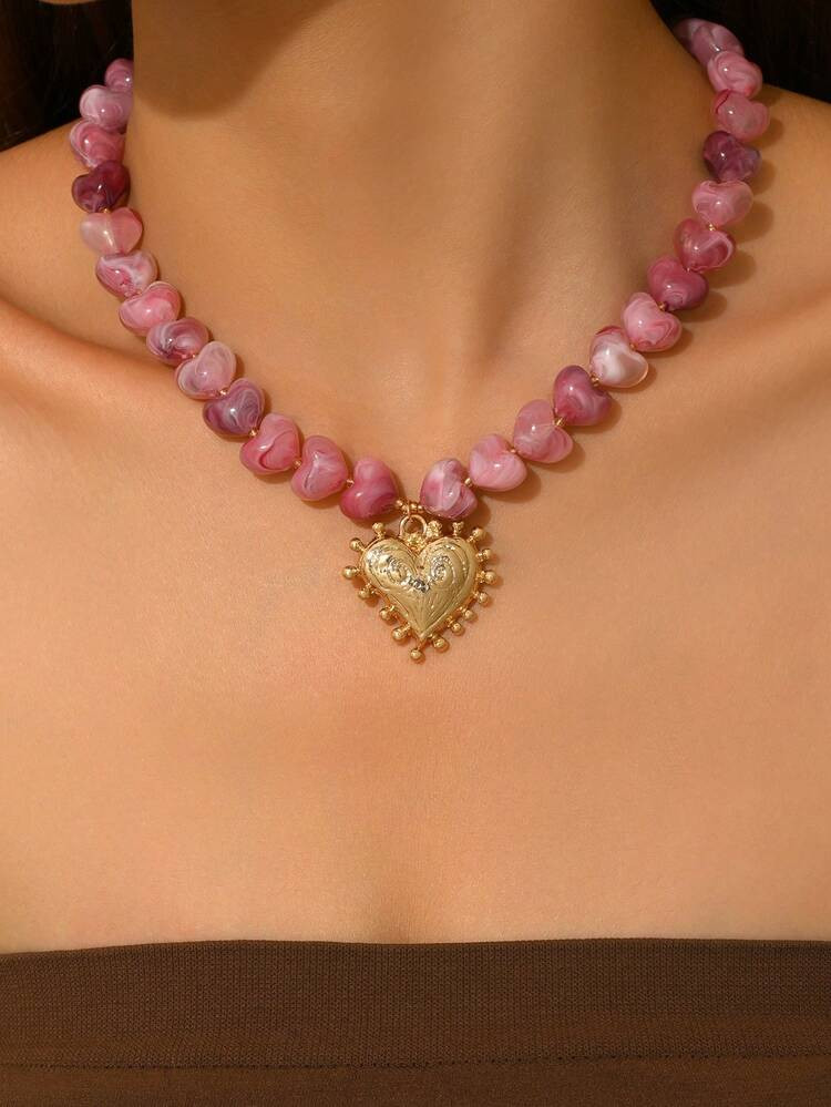 1pc Elegant Fashion Gold Heart Pendant & Pink Beaded Heart Necklace | SHEIN