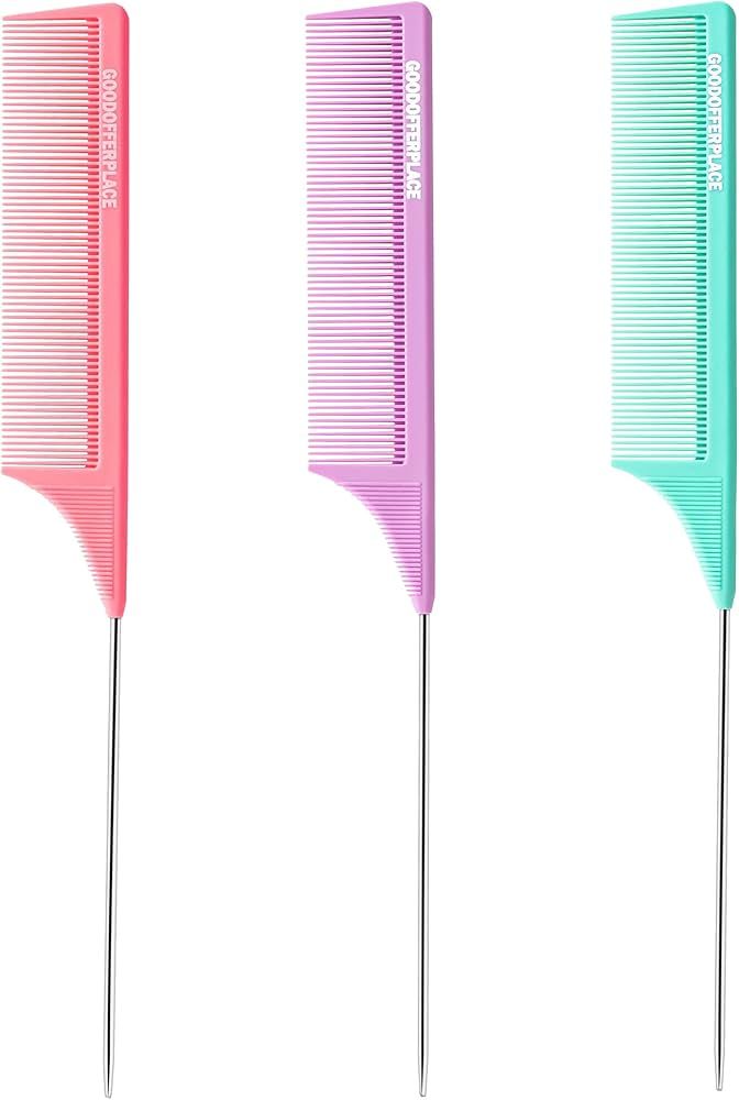 Goodofferplace 3PCS Hair Rat Tail Combs Parting Rattail Combs Teasing Fine Tooth Comb Metal Hair ... | Amazon (US)