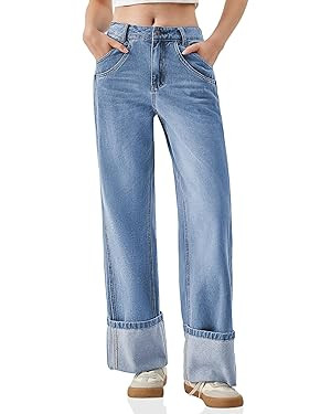 PLNOTME Womens Baggy Jeans Boyfriend Wide Leg Trendy Casual Mid Rise Cuffed Hem Denim Pants with ... | Amazon (US)
