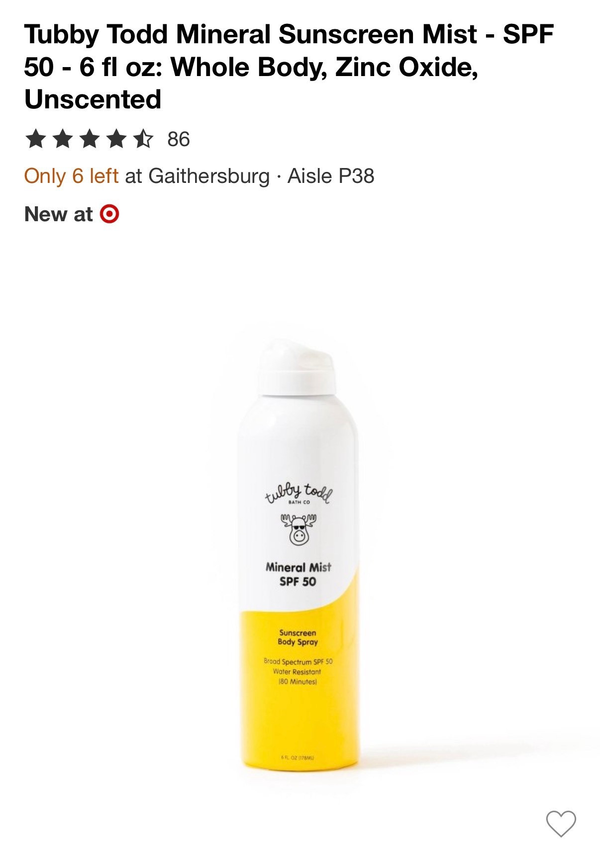 Tubby Todd Mineral Sunscreen Mist - SPF
50 - 6 fl oz: Whole Body, Zinc Oxide, Unscented

Nontoxic baby and toddler sun screen spray 

#LTKTravel #LTKKids #LTKBaby