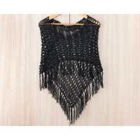Knit Summer Fringe Poncho Black Women Cape Shrug Lightweight Boho Chic Wrap Hippie Style Tassels Coverup Bohemian Crochet Top | Etsy (US)