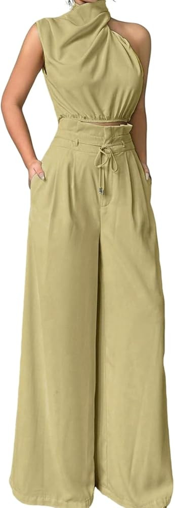 2 Piece Sets for Women Sleeveless Crop Top and Wide Leg Pants Going Out Outfits | Amazon (US)