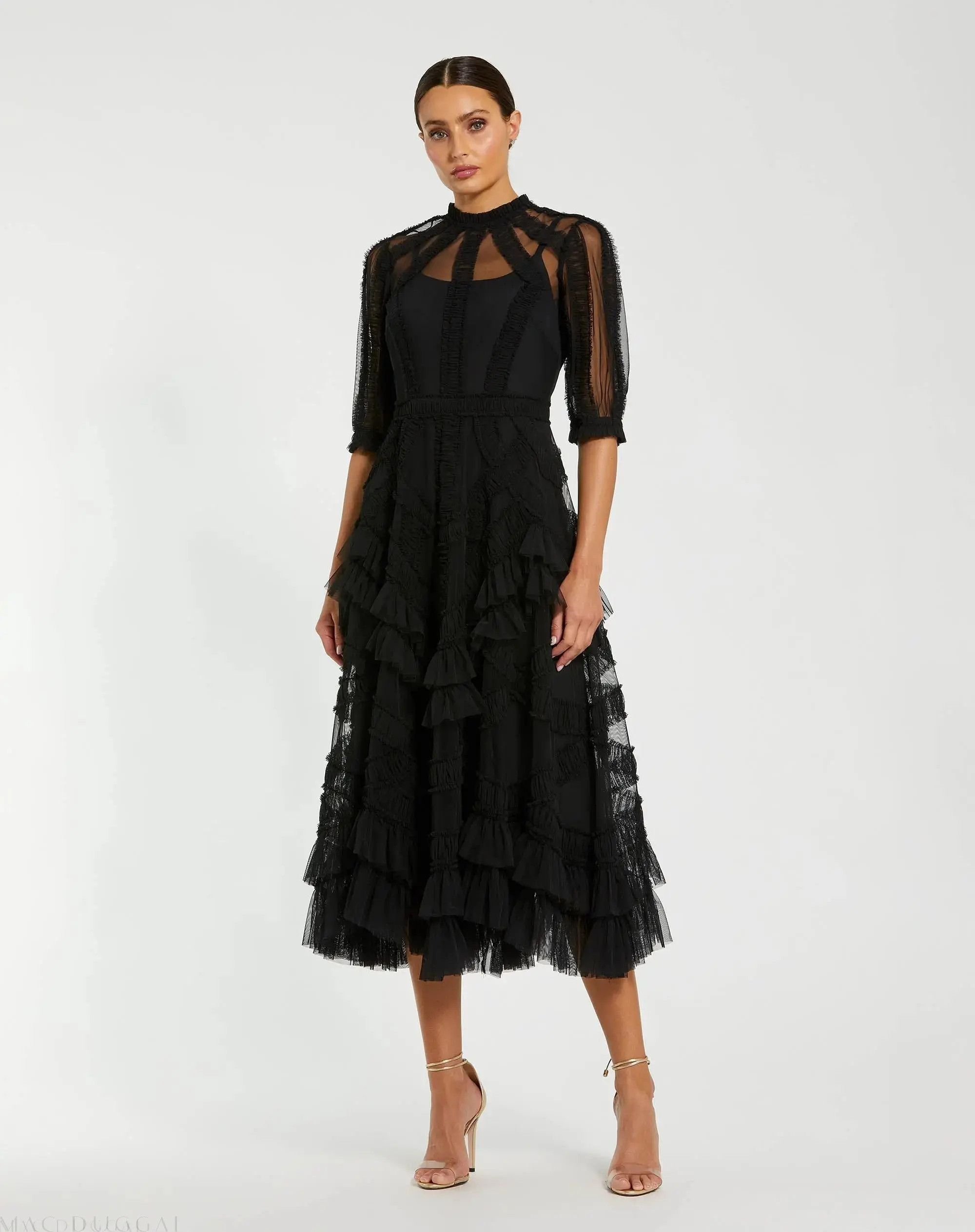 Black High Neck Ruffle Tiered A-Line Midi Dress | Mac Duggal | Mac Duggal