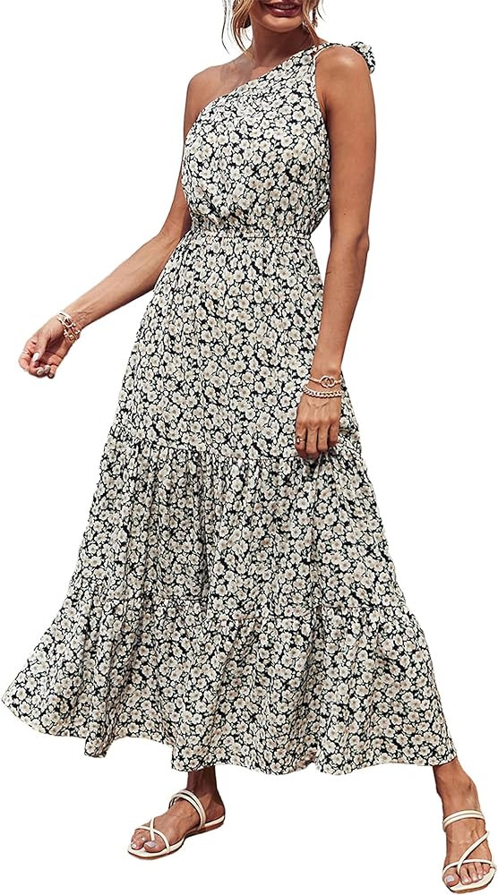PRETTYGARDEN Women's Floral Maxi Dress 2023 Knot One Shoulder Sleeveless Ruffle Hem Flowy Boho Dress | Amazon (US)