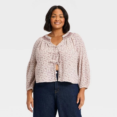 Women's Raglan Long Sleeve Tie-Front Blouse - Universal Thread™ Brown Floral XXL | Target