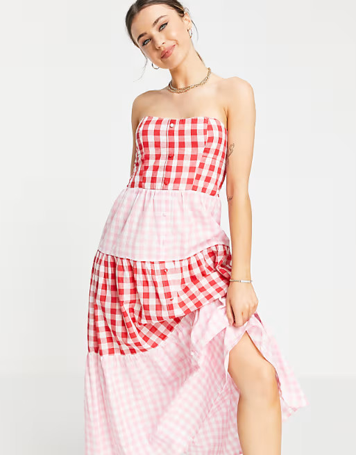 ASOS DESIGN bandeau tiered midi sundress in mixed gingham | ASOS (Global)