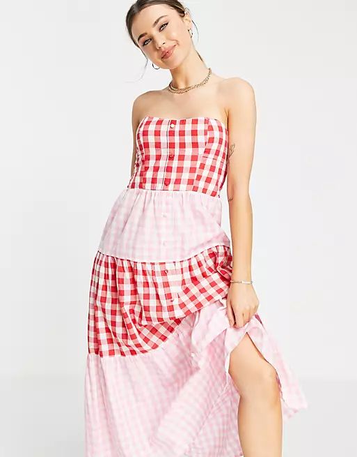 ASOS DESIGN bandeau tiered midi sundress in mixed gingham | ASOS (Global)