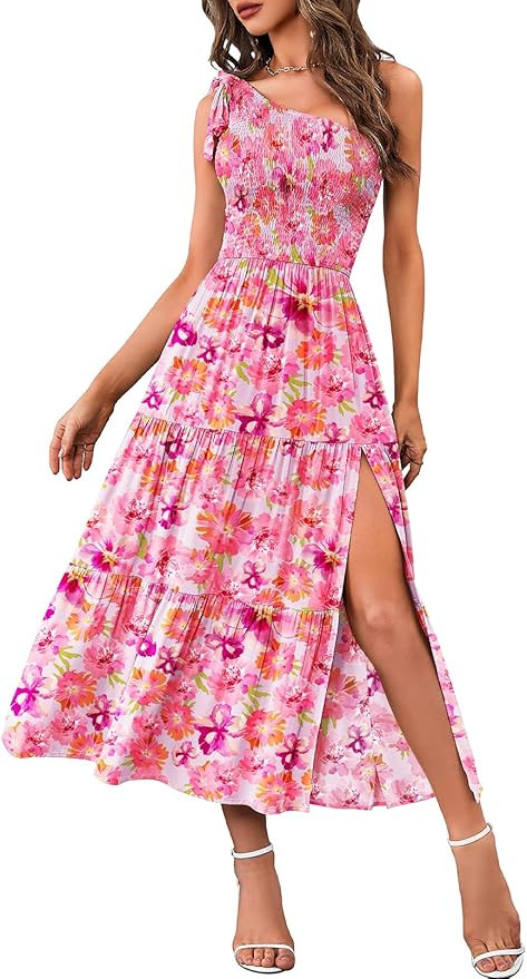 MEROKEETY Women's Floral One Shoulder Midi Dresses Summer Smocked Flowy Slit Tiered Vacation Dres... | Amazon (US)