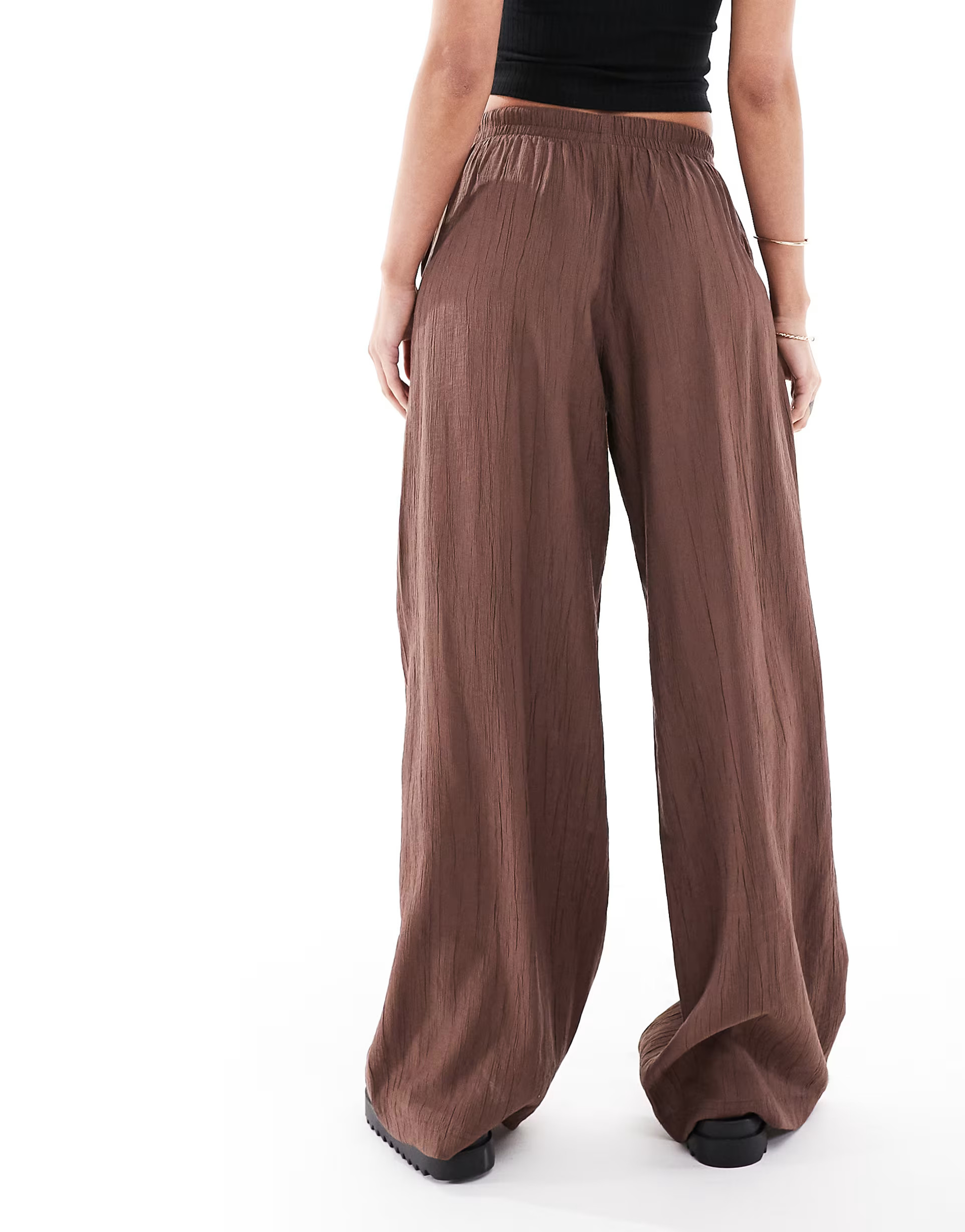 Bershka crinkle wide leg trousers in brown | ASOS (Global)