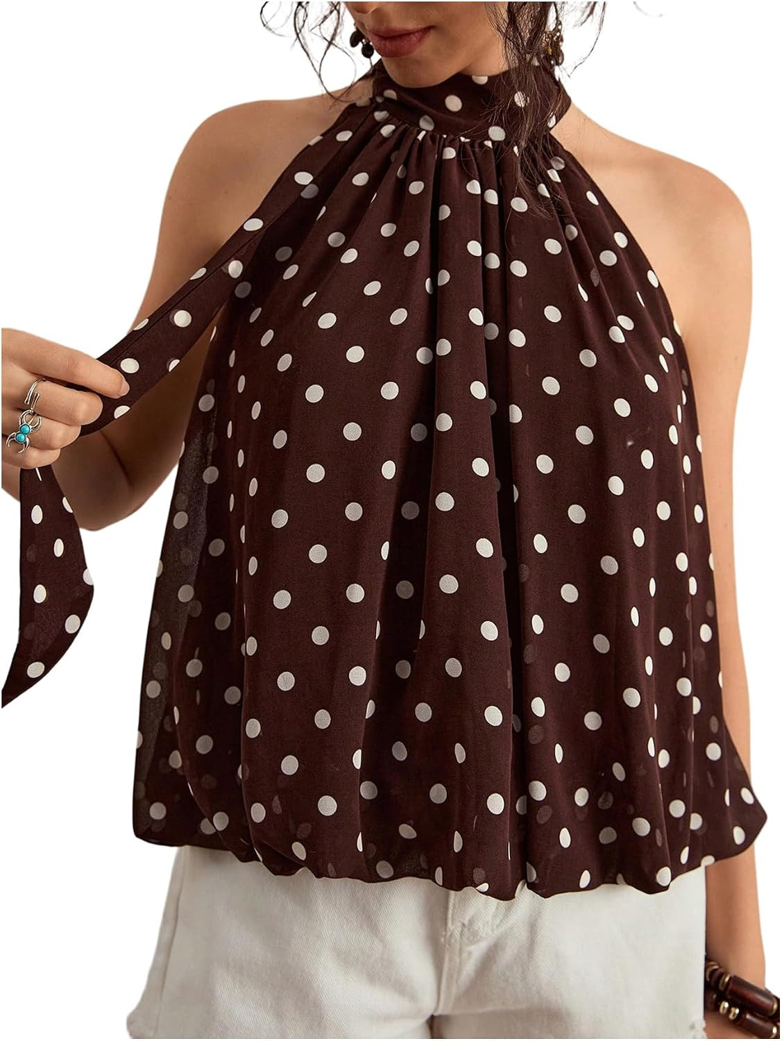 SHENHE Women's Chiffon Polka Dots Halter Bubble Top Sleeveless Puffy Blouse | Amazon (US)