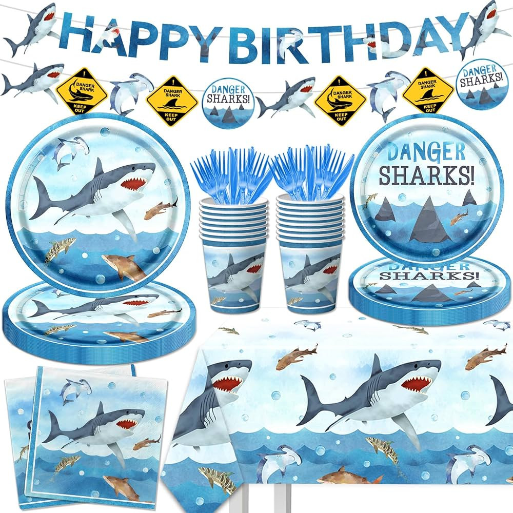 Shark Party Supplies - 142Pc Shark Birthday Tableware Set Includes Plates, Napkins, Cups, Banner,... | Amazon (US)