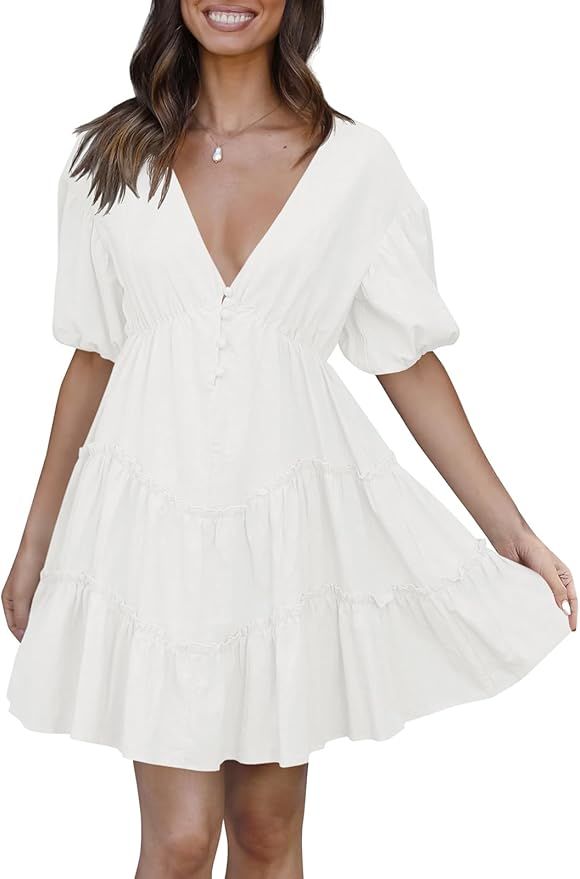 Fisoew Women's Summer V Neck Dresses Short Sleeve High Waist Button Front Tiered A Line Mini Dres... | Amazon (US)