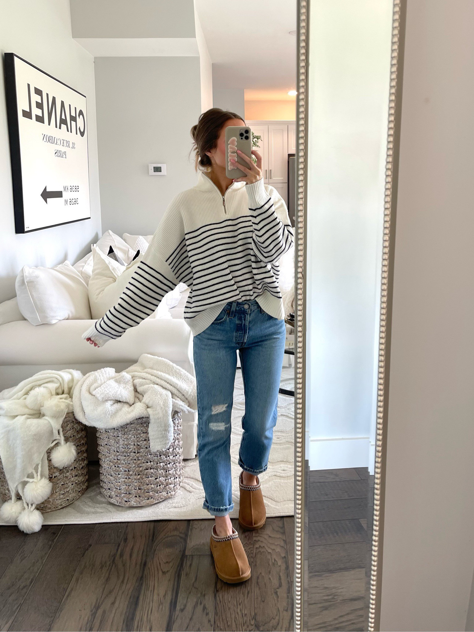 mango striped sweater 
levi’s cropped denim 
ugg slipper (fav slipper of the season)

#LTKstyletip #LTKunder100 #LTKSeasonal