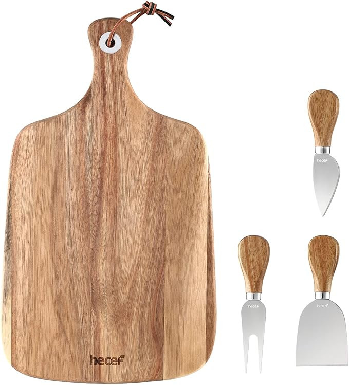 hecef Upgrade Bigger Cheese Board set of 4, a Bigger Acacia Wood Cheese Plate & 4 Pcs Cheese Kniv... | Amazon (US)