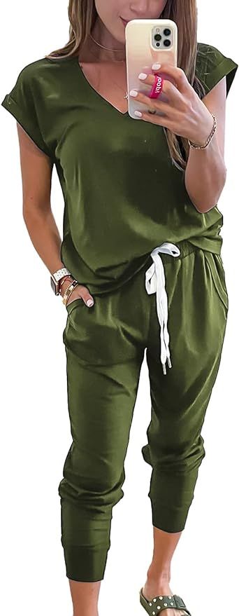 PRETTYGARDEN Women's Two Piece Tracksuit V Neck Short Sleeve Tops Long Pants With Drawstring Outf... | Amazon (US)