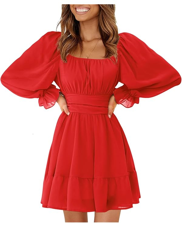 EXLURA Women's 2025 Casual Long Lantern Sleeve Dresses Square Neck Ruffle Tie Back Elastic Waist ... | Amazon (US)