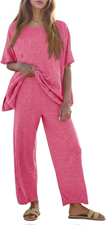 Tankaneo Women's 2 Piece Travel Outfits Casual Short Sleeve Knit Sweater Set Wide Leg Pants Loung... | Amazon (US)