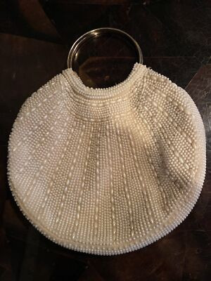 VTG Cream Beaded Evening Bag Purse Handbag BANGLE HANDLE Hong Kong 8” X 7”  | eBay | eBay US