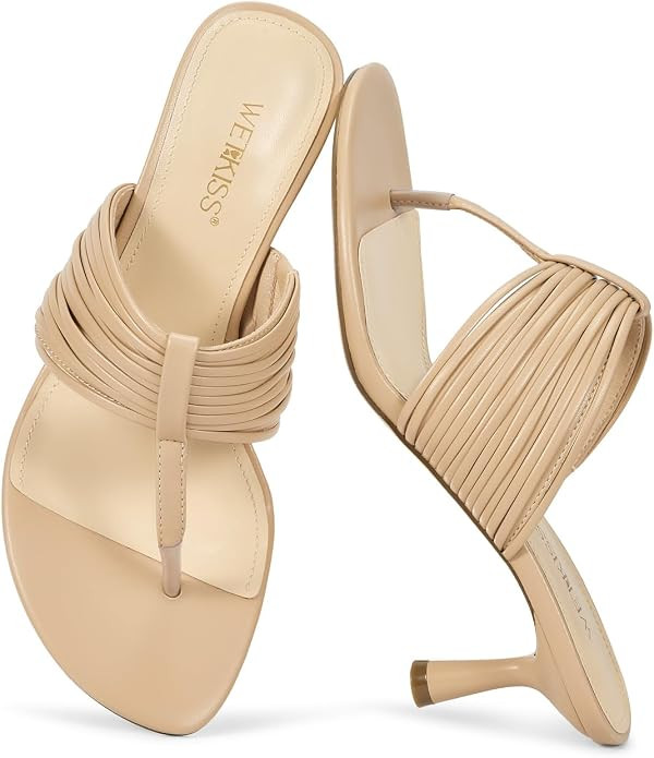 wetkiss White Kitten Heels for Women | Heeled Thong Sandals, Round Open Toe, Dressy Comfort, Dail... | Amazon (US)