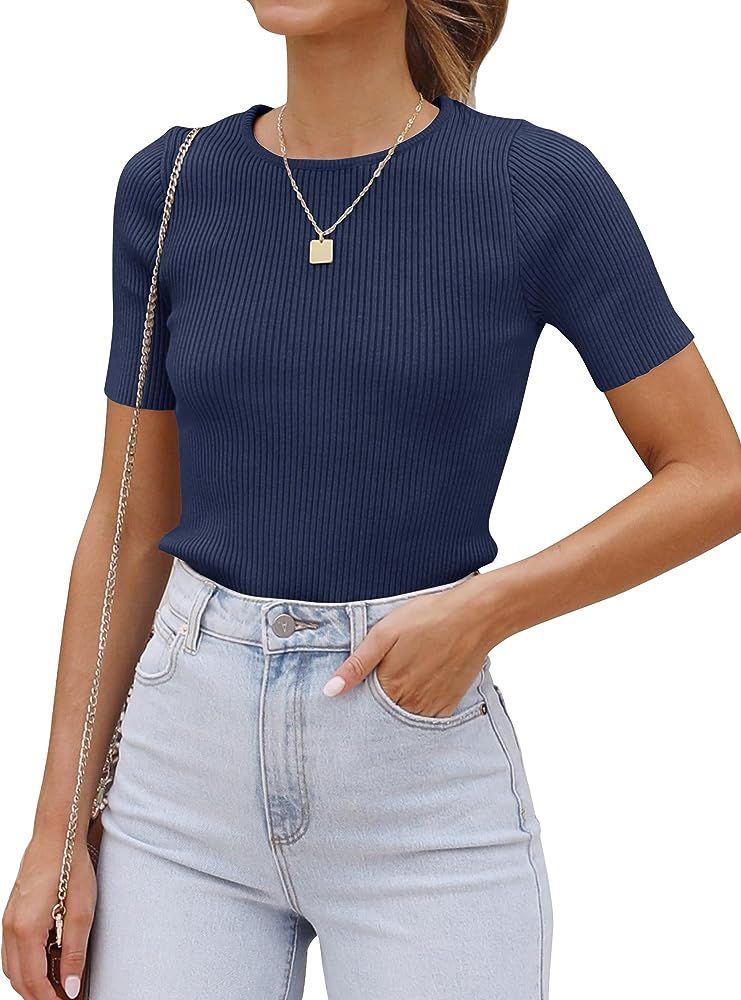 ZESICA Women's Short Sleeve Crewneck T Shirt 2024 Summer Ribbed Knit Slim Fit Basic Solid Color T... | Amazon (US)