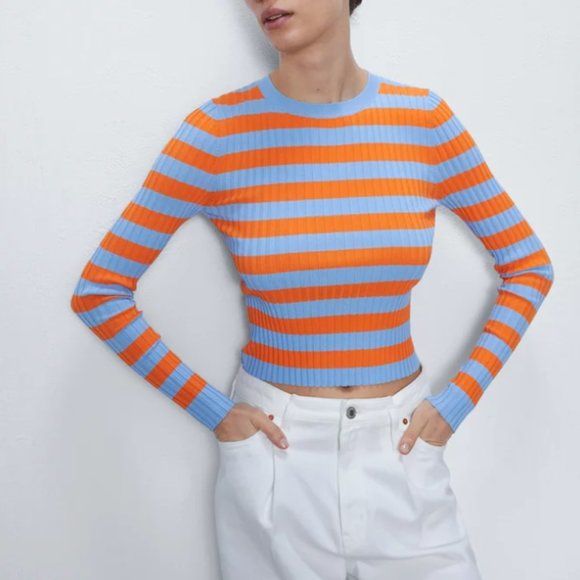 NWOT Zara Orange & Blue Striped Knit Sweater Small | Poshmark