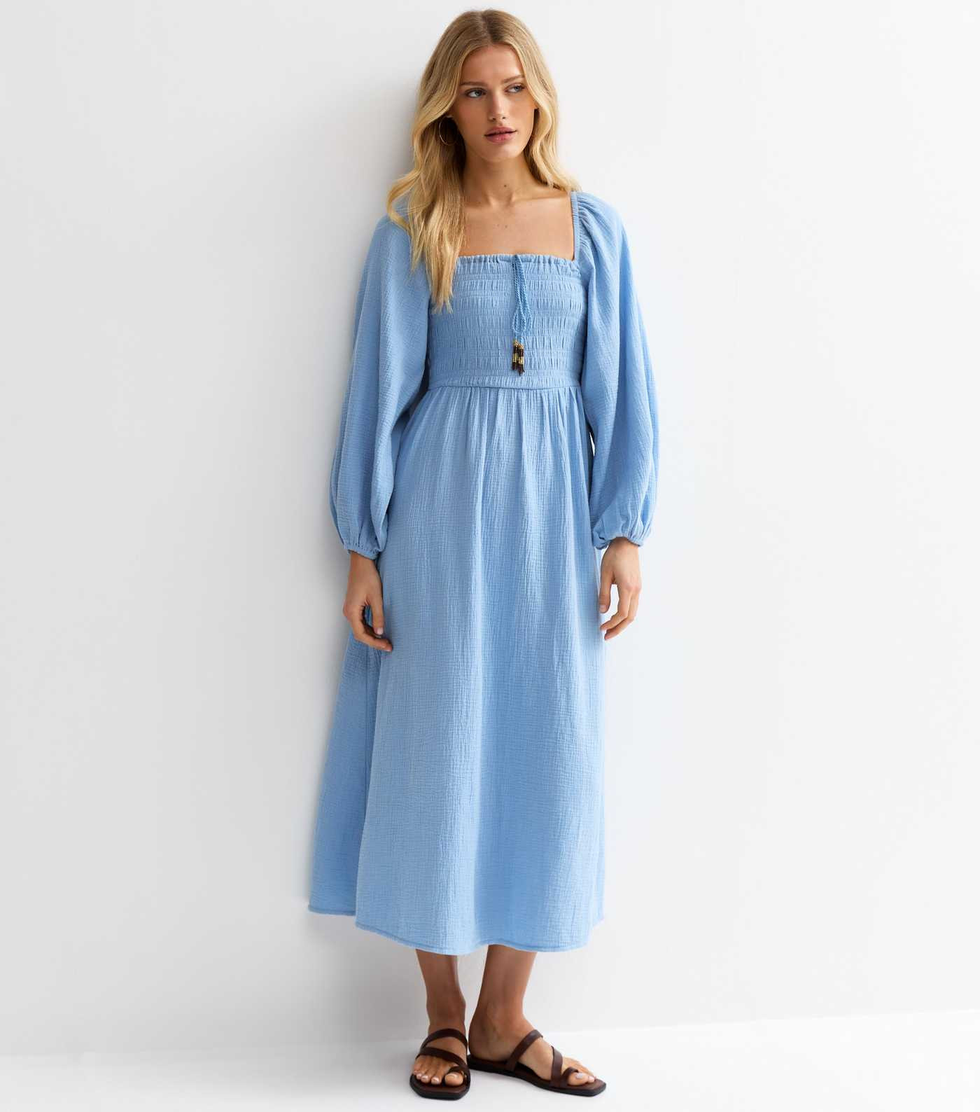 Light Blue Cotton Shirred Milkmaid Midi Dress | New Look | New Look (UK)